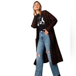Love Stitch Long Open-Front Tiger-Stripe Cardigan in Black and Brown